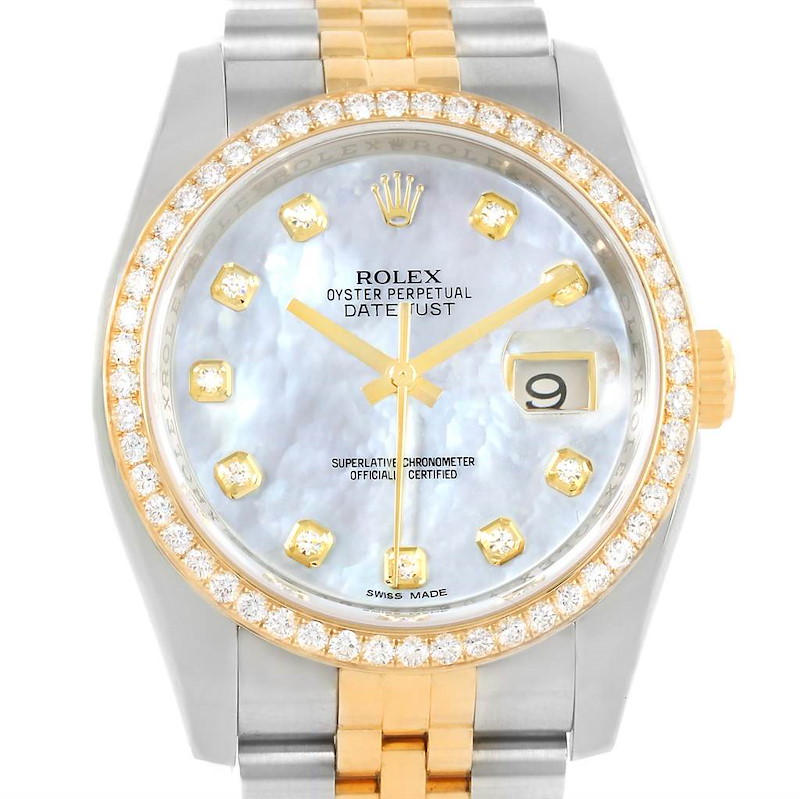 Rolex Datejust Steel Yellow Gold MOP Diamond Unisex Watch 116243 SwissWatchExpo