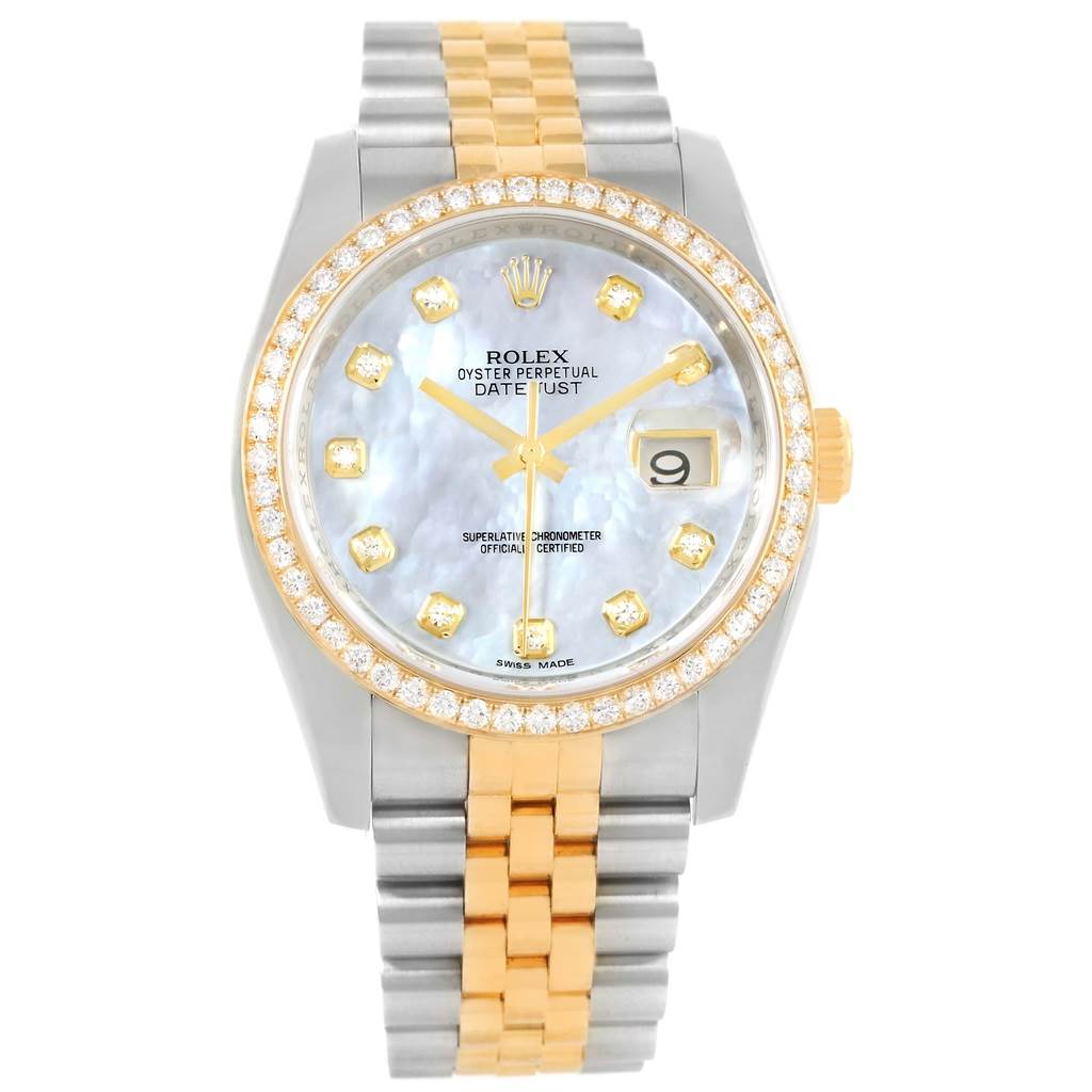 The image shows a frontal view of a Rolex Datejust 116243 Men's Stainless Steel Mother of Pearl Dial 116243 Men's Stainless Steel Mother of Pearl Dial watch, highlighting the dial, bezel, and two-tone bracelet.