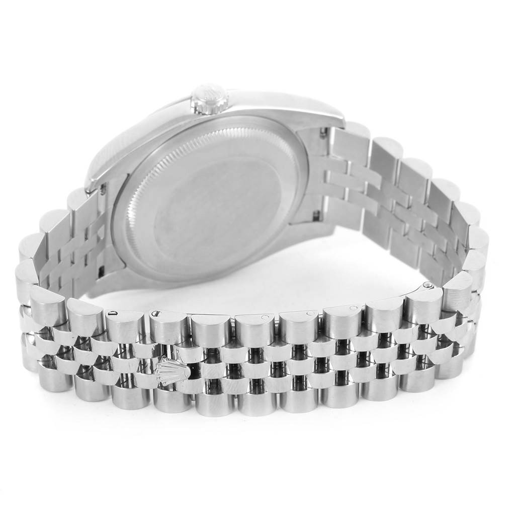 The image shows the back view of a Rolex Datejust 116234 Men's Stainless Steel Blue Dial 116234 Men's Stainless Steel Blue Dial watch, focusing on the case back and metal bracelet.