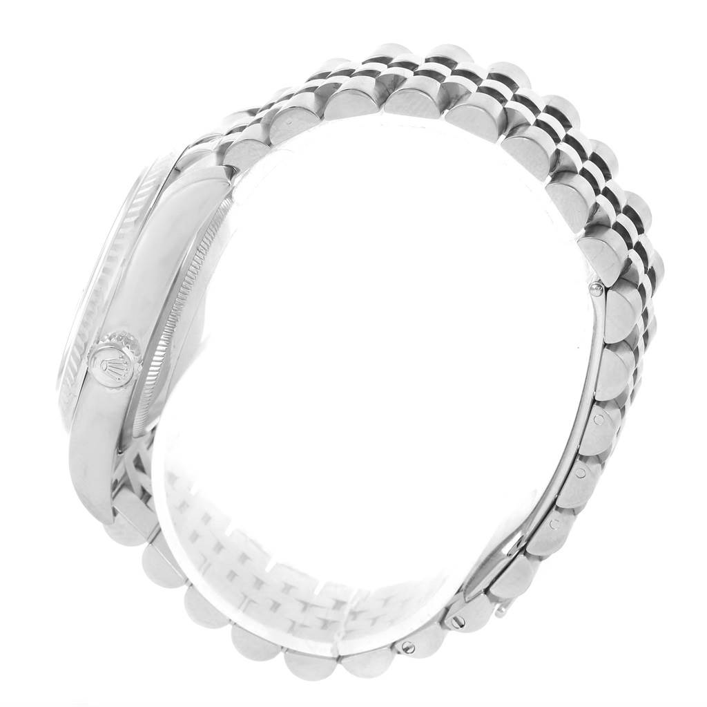 The image shows the side profile and jubilee bracelet of a Rolex Datejust 116234 Men's Stainless Steel Blue Dial 116234 Men's Stainless Steel Blue Dial watch.