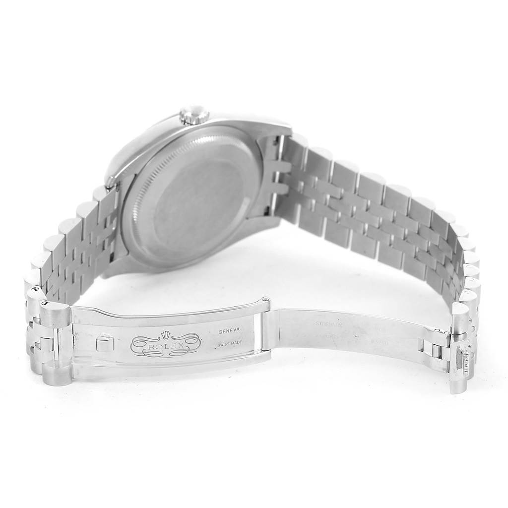 This image shows the back case and open clasp of a Rolex Datejust 116234 Men's Stainless Steel Blue Dial 116234 Men's Stainless Steel Blue Dial watch from a rear angle.