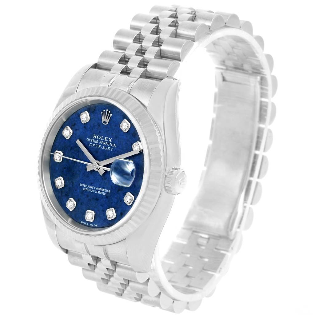 This Rolex Datejust 116234 Men's Stainless Steel Blue Dial 116234 Men's Stainless Steel Blue Dial model is shown at a slight angle, displaying its blue dial, fluted bezel, and jubilee bracelet.