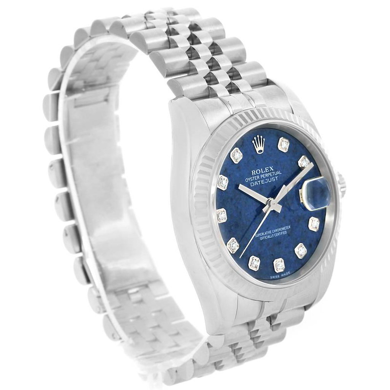 The image shows a side angle of a Rolex Datejust watch, highlighting its blue dial, diamond hour markers, and metal bracelet.