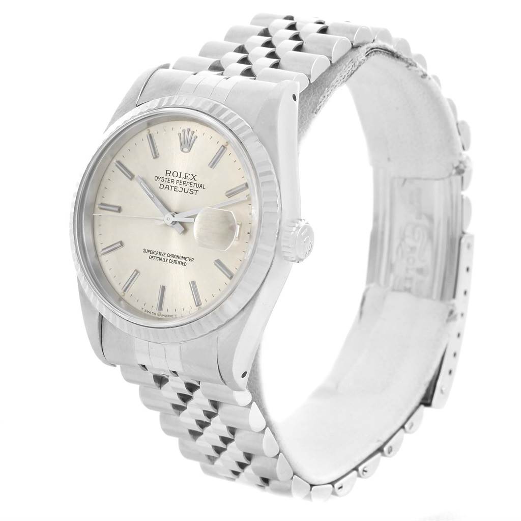The image shows a Rolex Datejust 16234 Men's Stainless Steel Silver Dial 16234 Men's Stainless Steel Silver Dial watch from an oblique angle, displaying the face, bezel, crown, and partial bracelet.