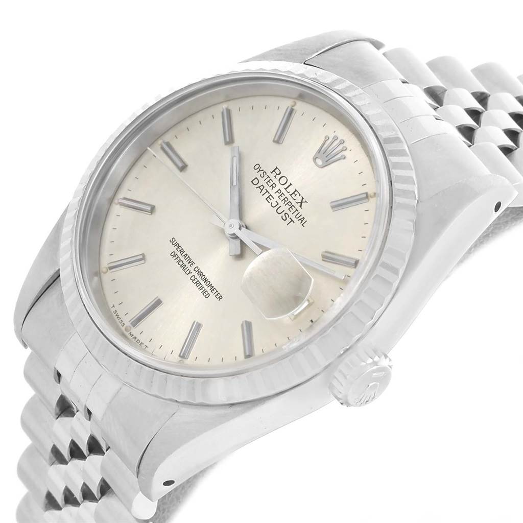 This image shows a Rolex Datejust 16234 Men's Stainless Steel Silver Dial 16234 Men's Stainless Steel Silver Dial watch from a top angle, highlighting the dial, bezel, and part of the bracelet.