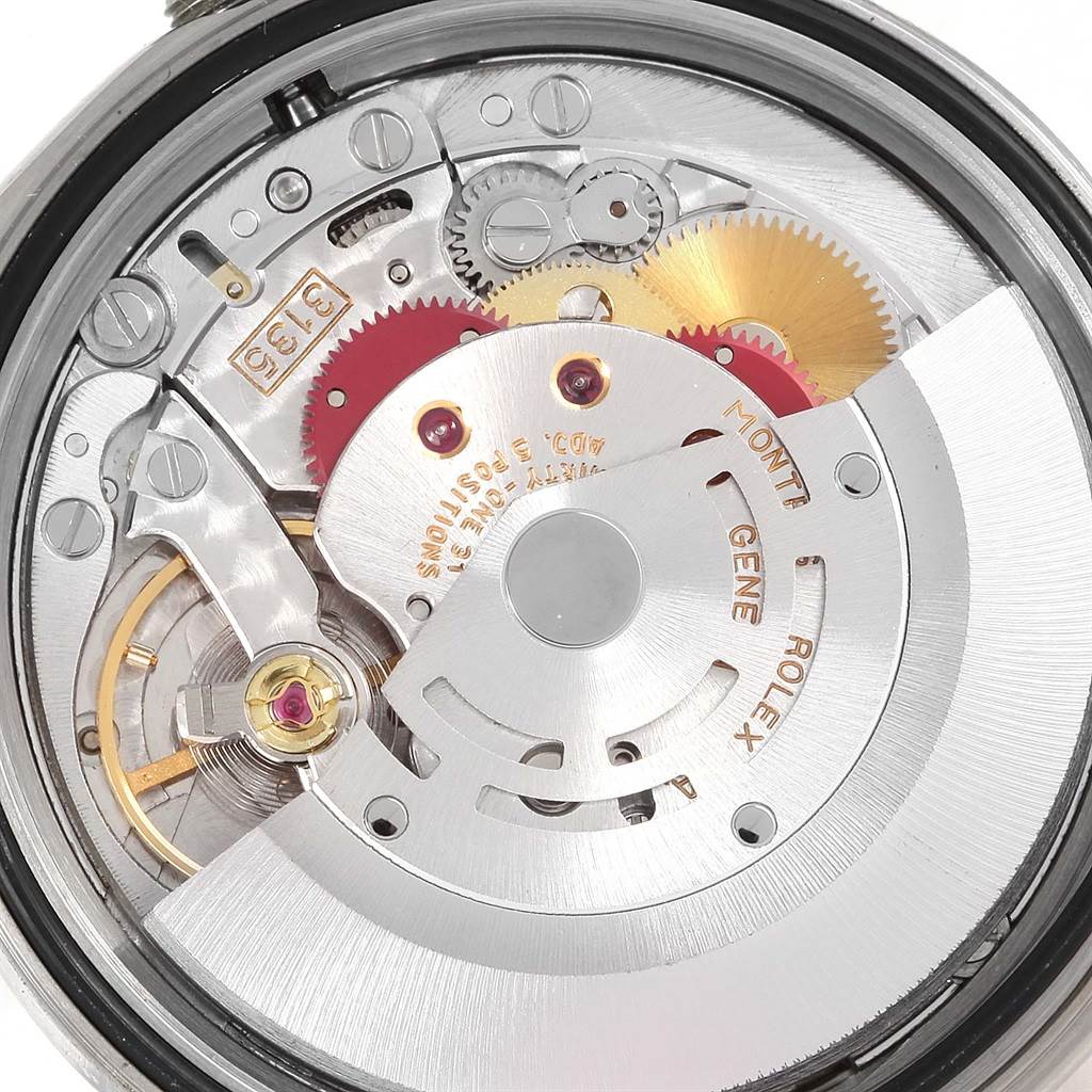 This image shows the internal mechanism of a Rolex Datejust 16234 Men's Stainless Steel Silver Dial 16234 Men's Stainless Steel Silver Dial watch from a close-up angle.