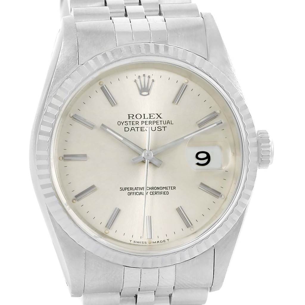 This image shows a front view of a Rolex Datejust 16234 Men's Stainless Steel Silver Dial 16234 Men's Stainless Steel Silver Dial watch, highlighting its dial, fluted bezel, and bracelet.