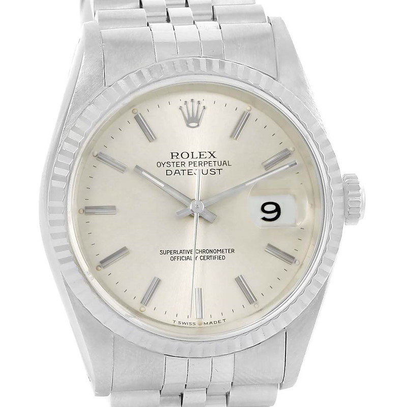 Rolex Datejust Stainless Steel White Gold Silver Dial Mens Watch 16234 SwissWatchExpo