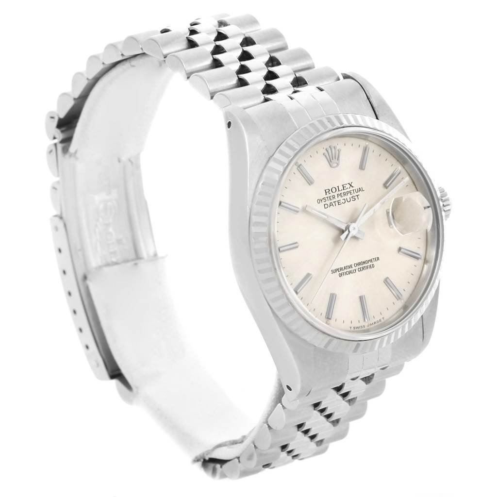 The image shows a Rolex Datejust 16234 Men's Stainless Steel Silver Dial 16234 Men's Stainless Steel Silver Dial watch at a three-quarter angle, displaying the dial, bezel, crown, and bracelet.