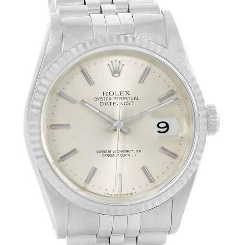 Photo of Rolex Datejust Stainless Steel White Gold Silver Dial Mens Watch 16234