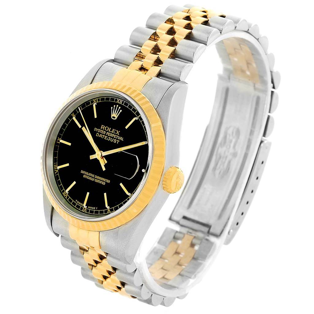 The Rolex Datejust 16233 Men's Steel and Gold (two tone) Black Dial 16233 Men's Steel and Gold (two tone) Black Dial watch is shown at a three-quarter angle, highlighting its black dial, two-tone bracelet, and fluted bezel.