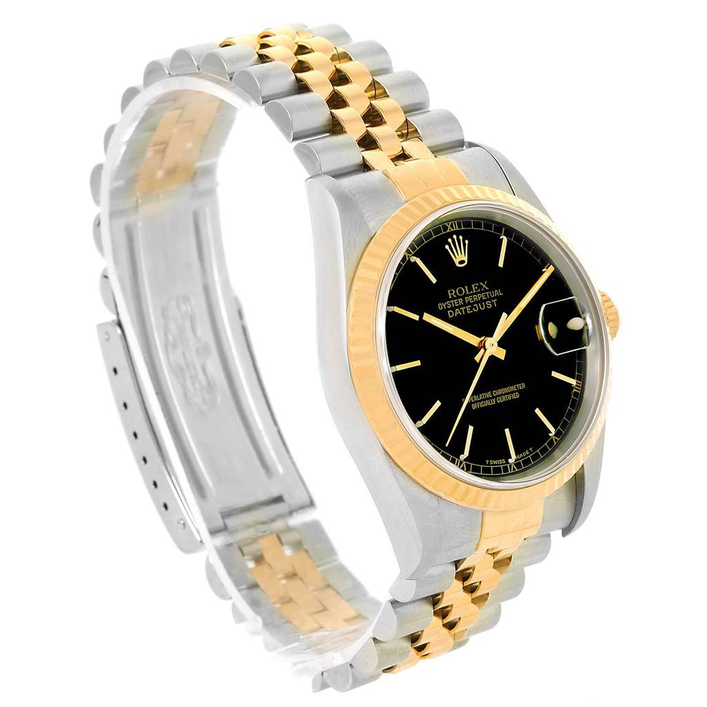 The Rolex Datejust 16233 Men's Steel and Gold (two tone) Black Dial 16233 Men's Steel and Gold (two tone) Black Dial watch is shown at a three-quarter angle, highlighting its black dial, two-tone bracelet, and fluted bezel.