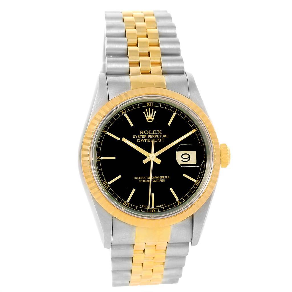 This Rolex Datejust 16233 Men's Steel and Gold (two tone) Black Dial 16233 Men's Steel and Gold (two tone) Black Dial watch is shown from a front angle, displaying its black dial, fluted bezel, and two-tone jubilee bracelet.