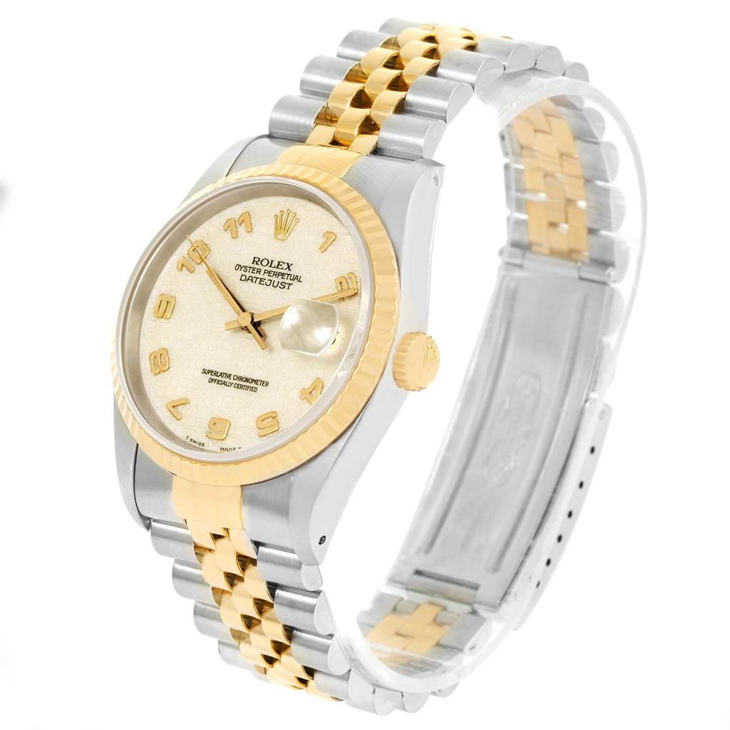 The image shows a Rolex Datejust 16233 Men's Steel and Gold (two tone) Beige Dial 16233 Men's Steel and Gold (two tone) Beige Dial watch at a three-quarter angle highlighting the dial, bezel, and two-tone metal bracelet.