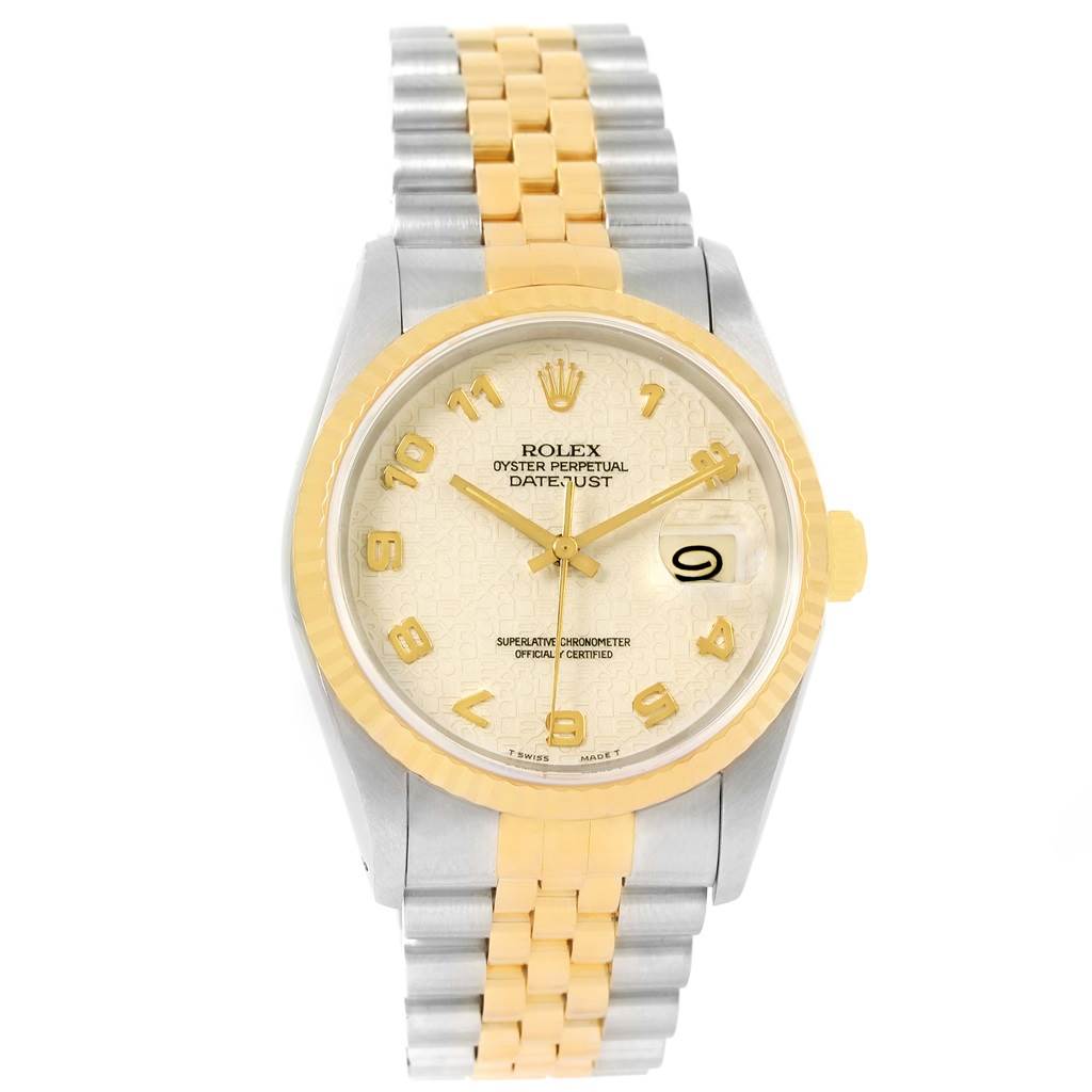 This image shows the front view of a Rolex Datejust 16233 Men's Steel and Gold (two tone) Beige Dial 16233 Men's Steel and Gold (two tone) Beige Dial watch, highlighting the dial, case, and bracelet.