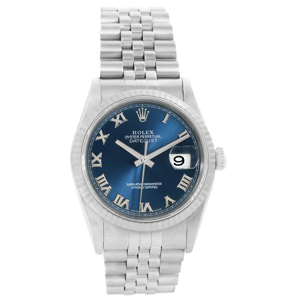 The image shows a front view of a Rolex Datejust 16234 Men's Stainless Steel Blue Dial 16234 Men's Stainless Steel Blue Dial watch featuring a blue dial, Roman numerals, and a metal bracelet.