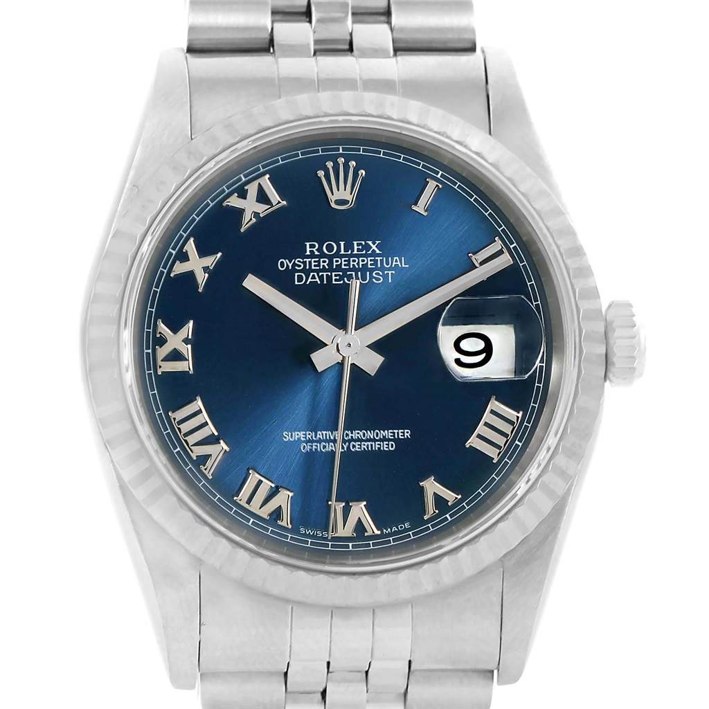 This image shows a front view of a Rolex Datejust 16234 Men's Stainless Steel Blue Dial 16234 Men's Stainless Steel Blue Dial watch, highlighting the blue dial, Roman numerals, and date window.