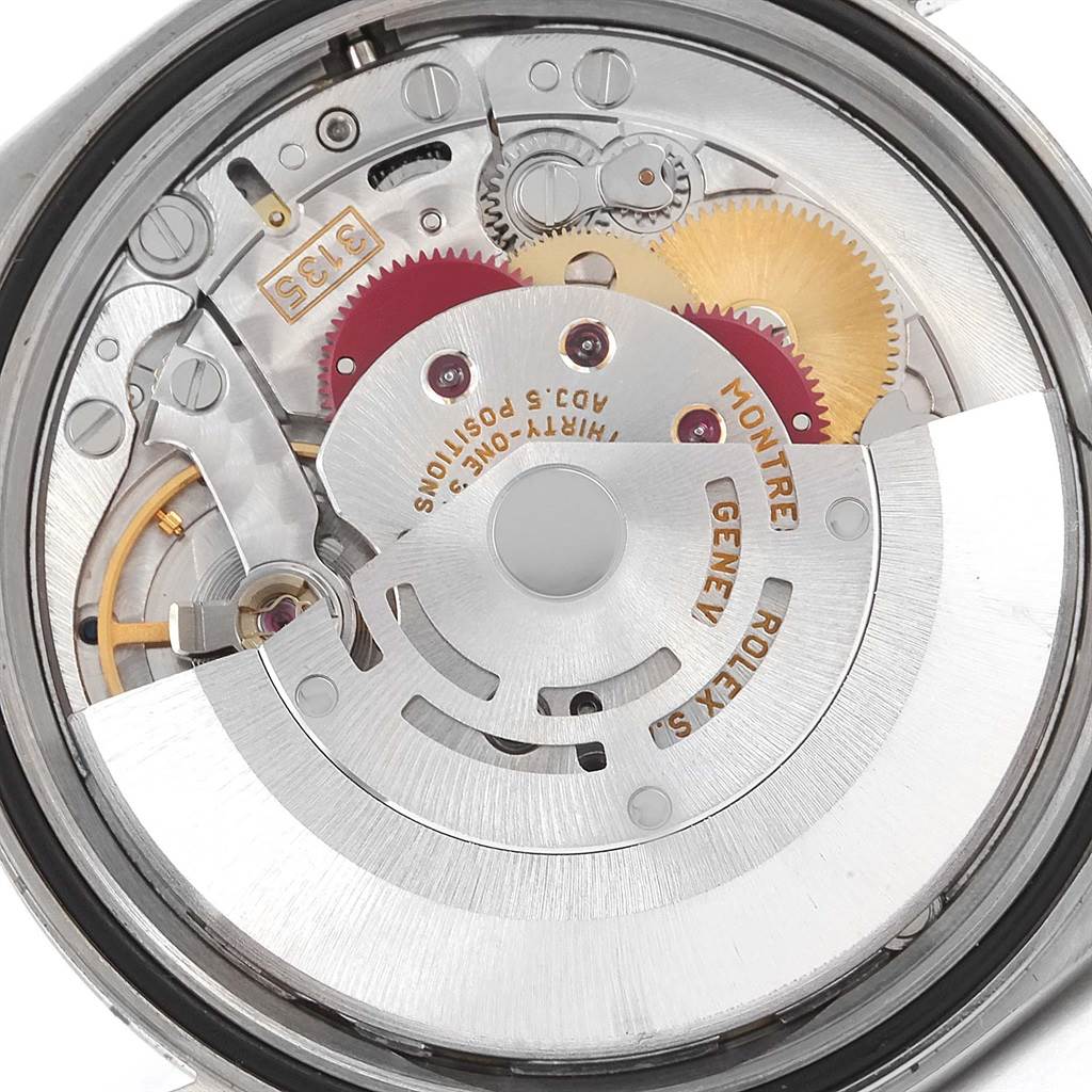 This is a close-up view of the movement and internal mechanism of a Rolex Datejust 16234 Men's Stainless Steel Blue Dial 16234 Men's Stainless Steel Blue Dial watch.