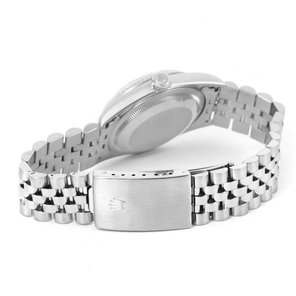 The image shows the back view of a Rolex Datejust 16234 Men
s Stainless Steel White Dial 16234 Men
s Stainless Steel White Dial watch featuring its Jubilee bracelet and clasp.