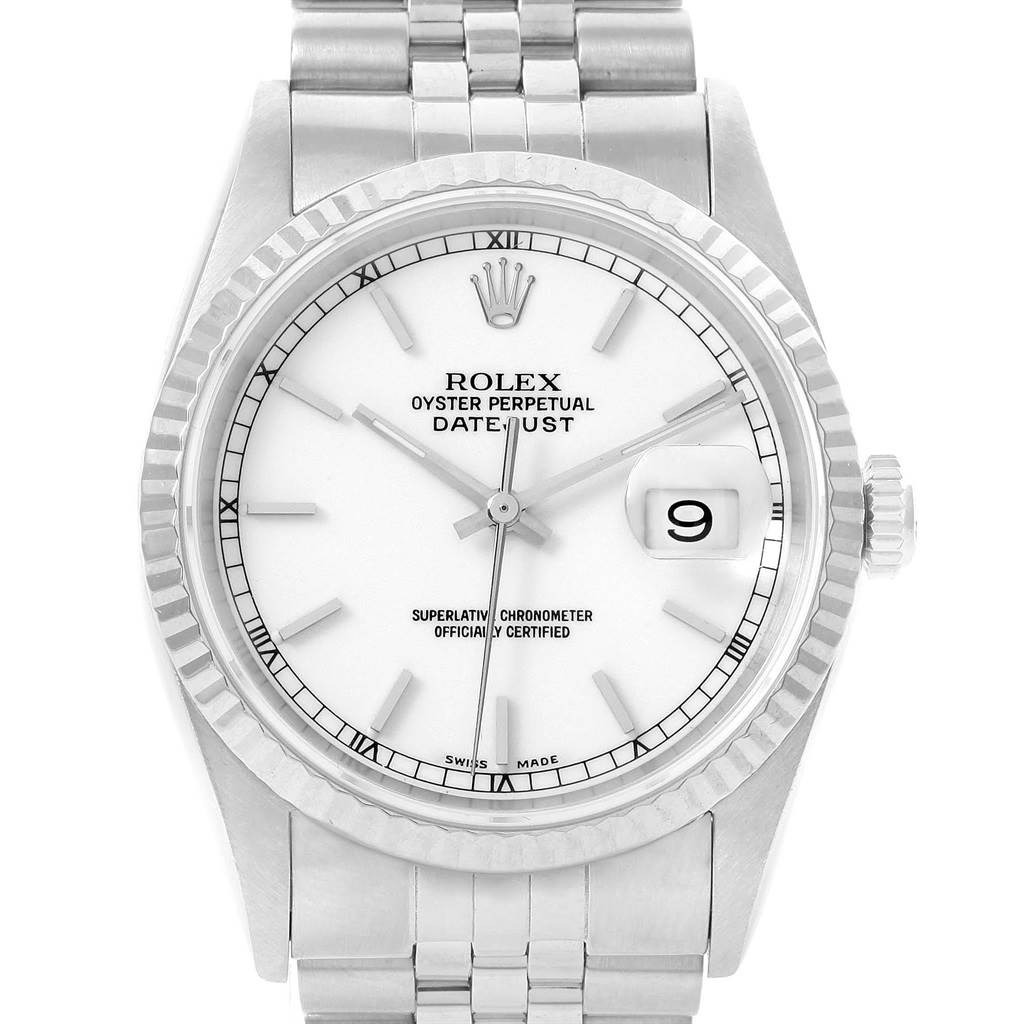 The image shows a Rolex Datejust 16234 Men
s Stainless Steel White Dial 16234 Men
s Stainless Steel White Dial watch from a front angle, highlighting its white dial, date window, and Jubilee bracelet.