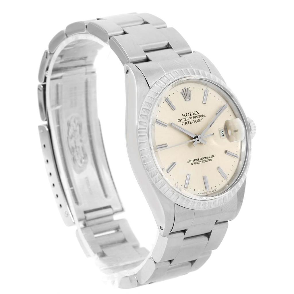 This image shows a Rolex Datejust 16030 Men's Stainless Steel Silver Dial 16030 Men's Stainless Steel Silver Dial watch from a front-left angle, highlighting the face, bezel, and bracelet.