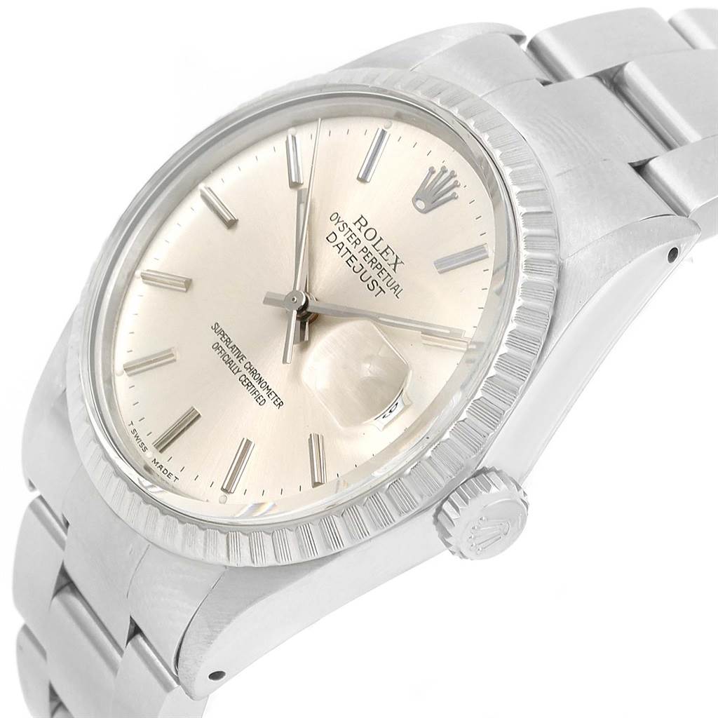 This image shows a Rolex Datejust 16030 Men's Stainless Steel Silver Dial 16030 Men's Stainless Steel Silver Dial watch in a close-up angle, highlighting the face, bezel, and part of the bracelet.