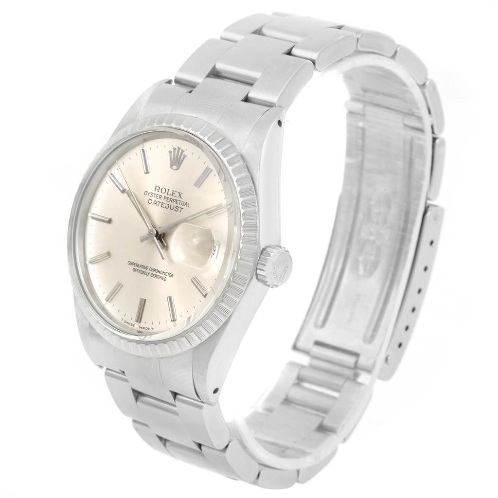 The image shows a Rolex Datejust 16030 Men's Stainless Steel Silver Dial 16030 Men's Stainless Steel Silver Dial watch at a three-quarter angle, highlighting the dial, bezel, bracelet, and clasp.