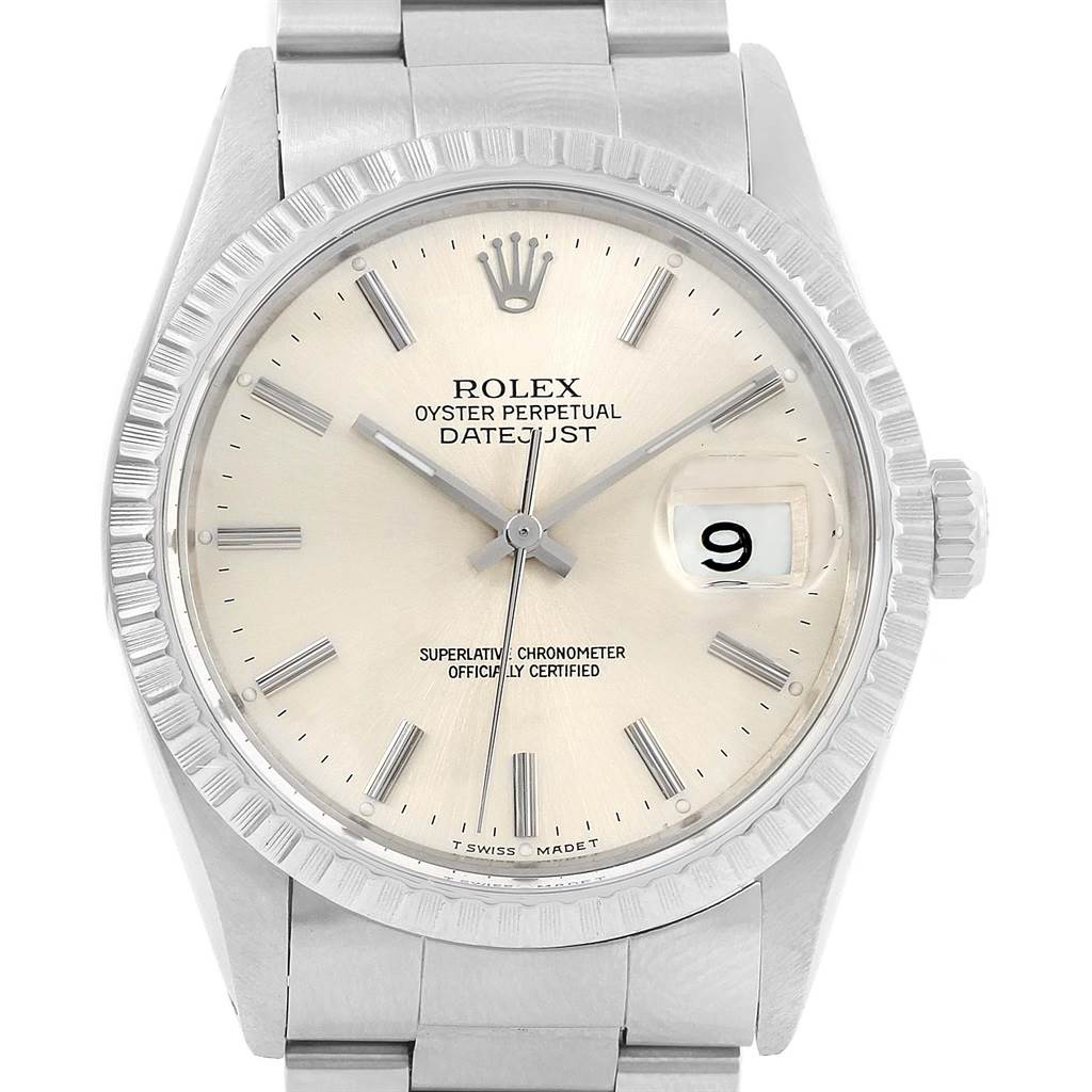 This image shows a frontal view of a Rolex Datejust 16030 Men's Stainless Steel Silver Dial 16030 Men's Stainless Steel Silver Dial watch, highlighting its dial, bezel, crown, and bracelet.