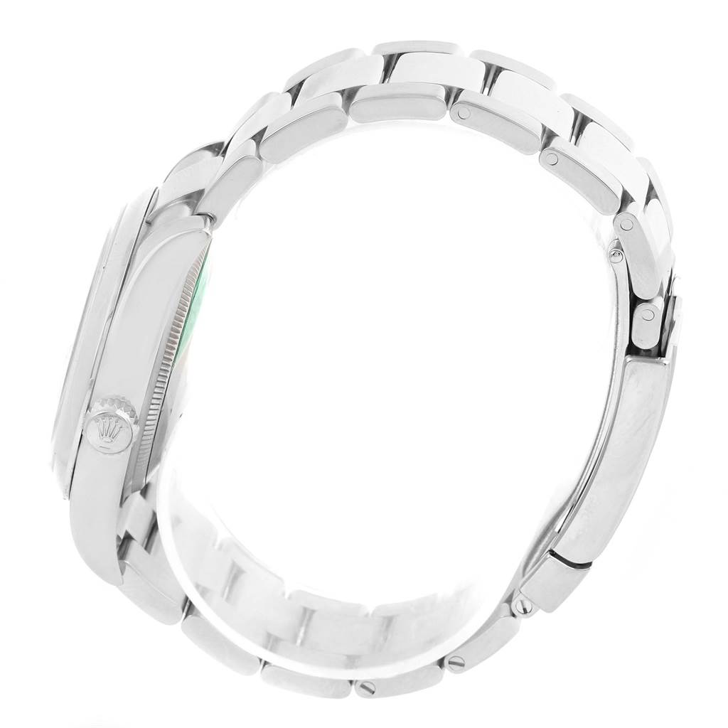 This image shows the side view of the bracelet and case of a Rolex Datejust 116200 Men
s Stainless Steel Silver Dial 116200 Men
s Stainless Steel Silver Dial model watch, highlighting the crown and clasp.