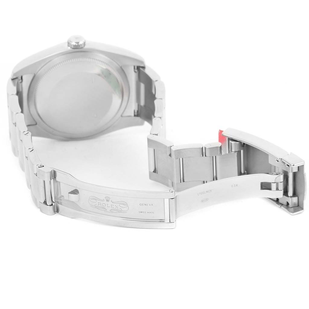 This image shows the backside and open clasp of a Rolex Datejust 116200 Men
s Stainless Steel Silver Dial 116200 Men
s Stainless Steel Silver Dial watch, highlighting the case back and metal bracelet.