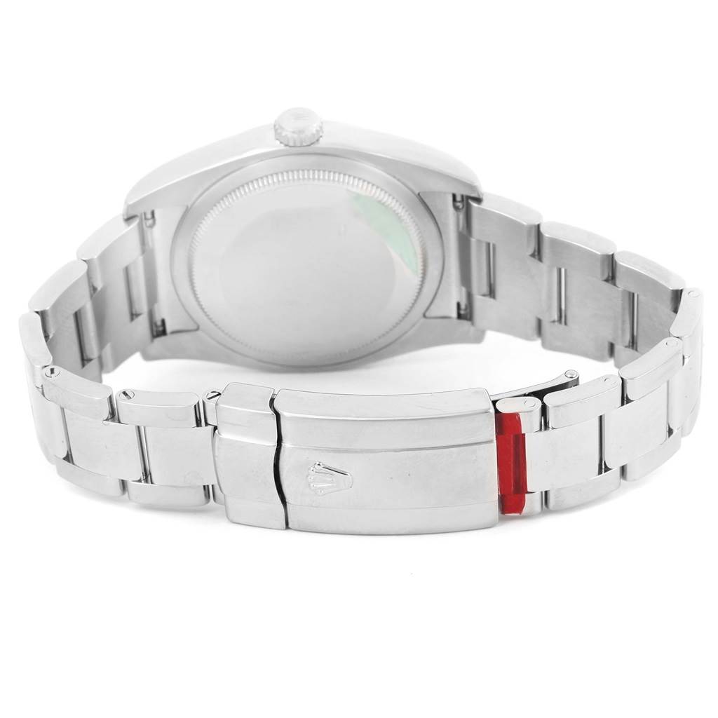 This image shows the back view of a Rolex Datejust 116200 Men
s Stainless Steel Silver Dial 116200 Men
s Stainless Steel Silver Dial watch, focusing on the clasp and bracelet.