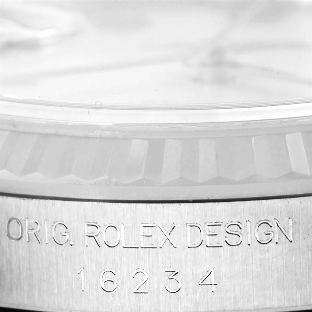 The image shows a close-up angle of the bezel and casing of a Rolex Datejust 16234 Men's Stainless Steel Silver Dial 16234 Men's Stainless Steel Silver Dial watch, featuring the model number 16234.