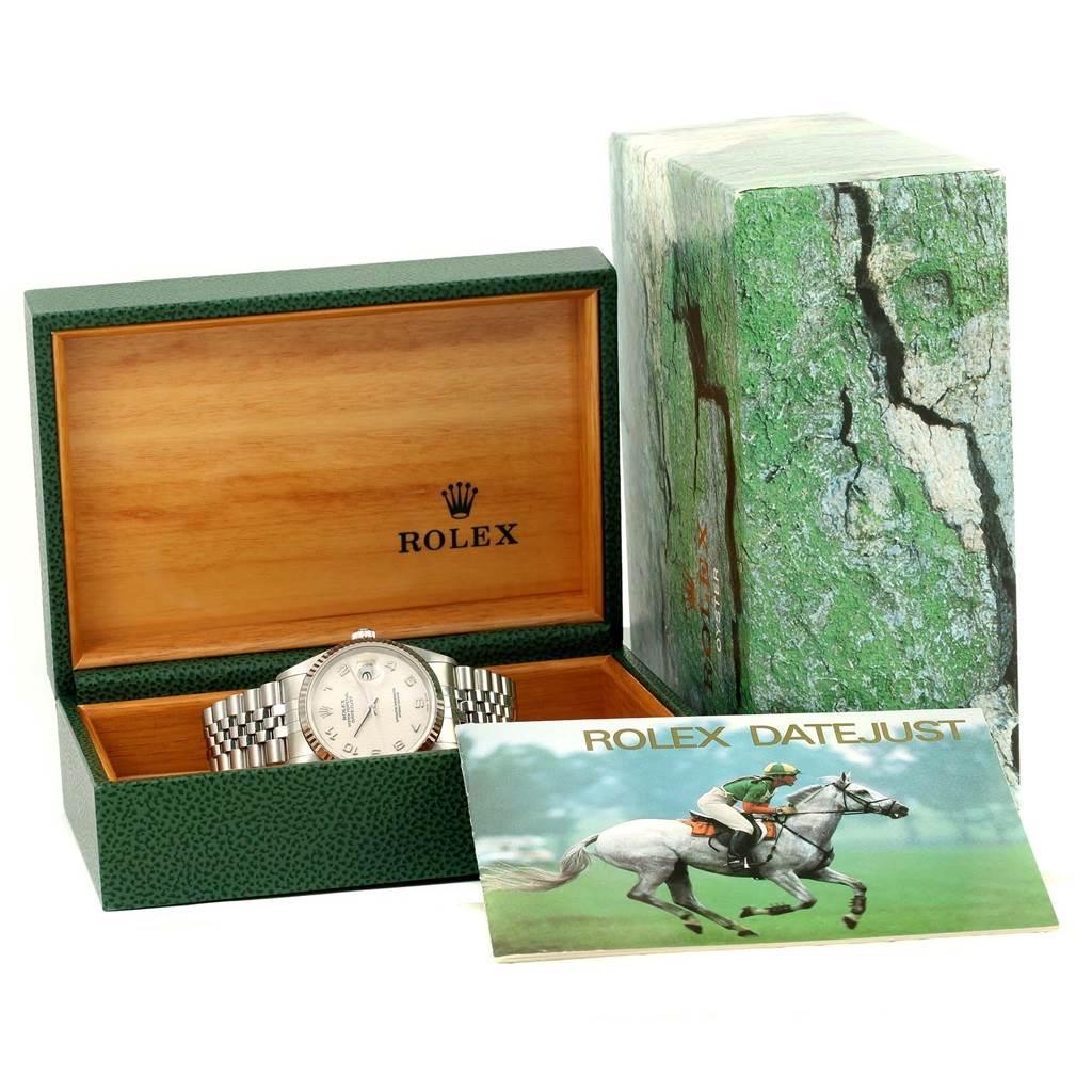 The image shows a Rolex Datejust 16234 Men's Stainless Steel Silver Dial 16234 Men's Stainless Steel Silver Dial model watch displayed in an open Rolex box alongside its booklet and outer packaging.