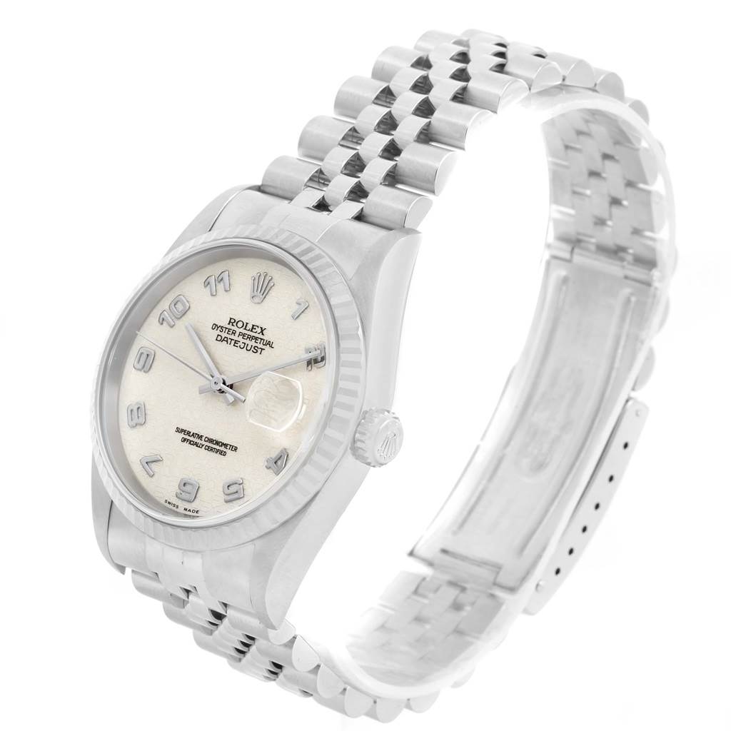This image shows a Rolex Datejust 16234 Men's Stainless Steel Silver Dial 16234 Men's Stainless Steel Silver Dial watch angled from the front-right, displaying the face, bezel, crown, and bracelet.