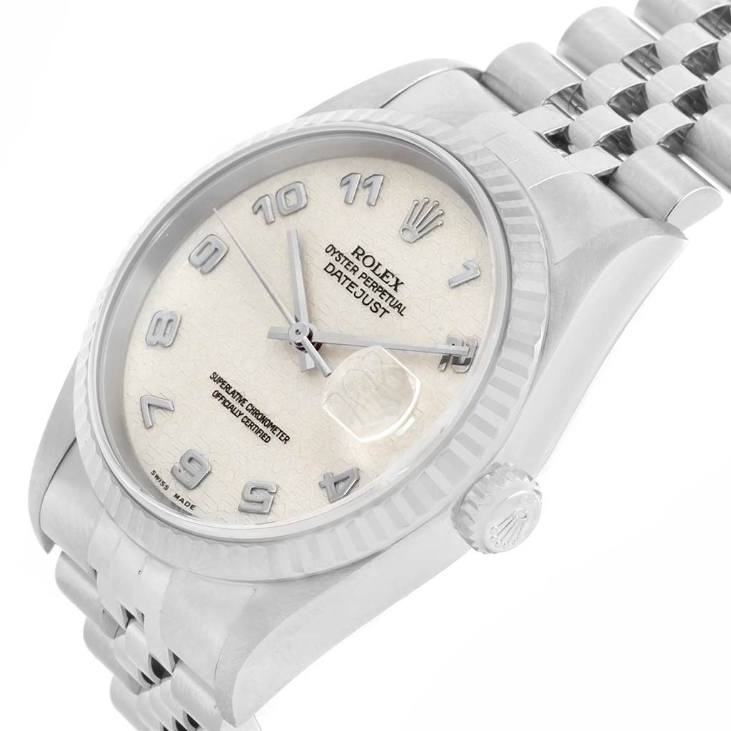 The angle shows a close-up of the Rolex Datejust 16234 Men's Stainless Steel Silver Dial 16234 Men's Stainless Steel Silver Dial watch, highlighting the dial, bezel, and part of the bracelet.