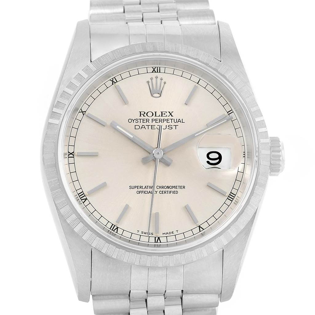 This image shows a front view of a Rolex Datejust 16220 Men's Stainless Steel Silver Dial 16220 Men's Stainless Steel Silver Dial watch, highlighting the dial, bezel, and bracelet.