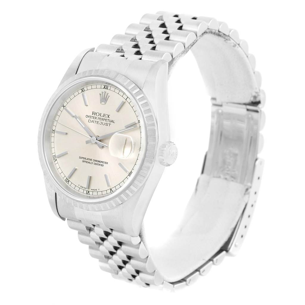 The image shows a front angled view of a Rolex Datejust 16220 Men's Stainless Steel Silver Dial 16220 Men's Stainless Steel Silver Dial watch, highlighting its dial, bezel, and Jubilee bracelet.