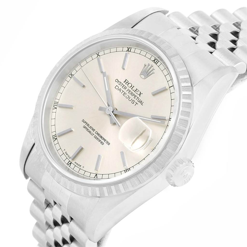 This image shows a close-up, angled view of the Rolex Datejust 16220 Men's Stainless Steel Silver Dial 16220 Men's Stainless Steel Silver Dial watch, displaying the face, bezel, crown, and part of the strap.