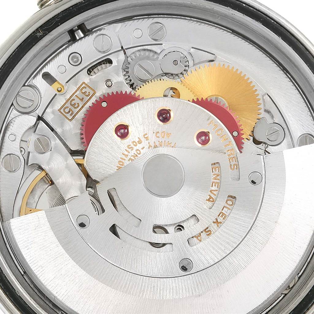 The image shows a close-up view of the internal mechanism of a Rolex Datejust 16234 Men's Stainless Steel White Dial 16234 Men's Stainless Steel White Dial watch.
