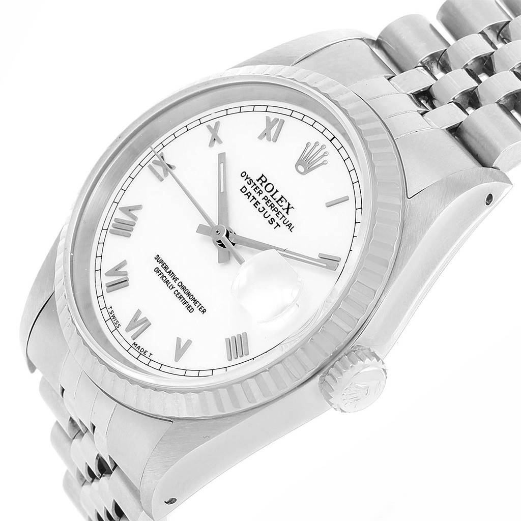 The image shows a side angle of a Rolex Datejust 16234 Men's Stainless Steel White Dial 16234 Men's Stainless Steel White Dial watch, highlighting its white dial, Roman numerals, and Jubilee bracelet.