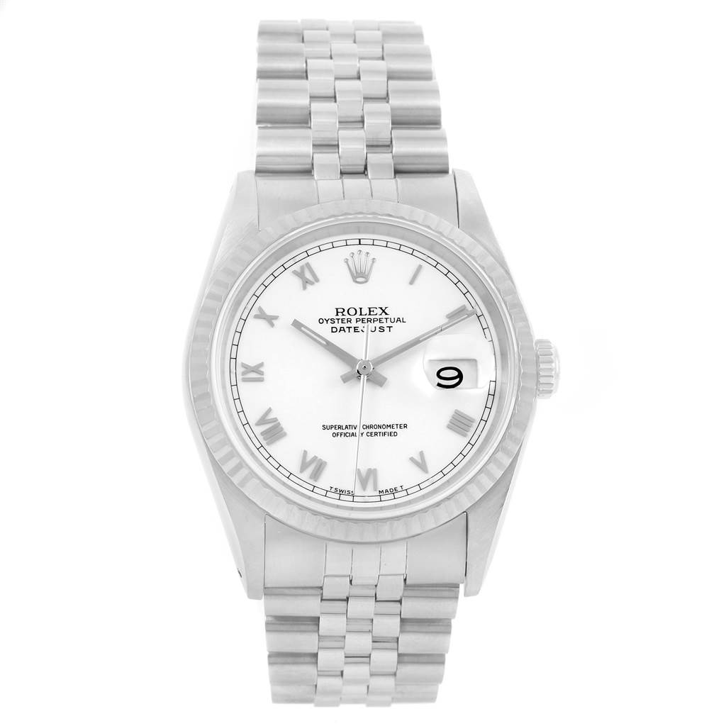 The image shows a Rolex Datejust 16234 Men's Stainless Steel White Dial 16234 Men's Stainless Steel White Dial watch from the front, detailing the dial, bezel, crown, and bracelet.