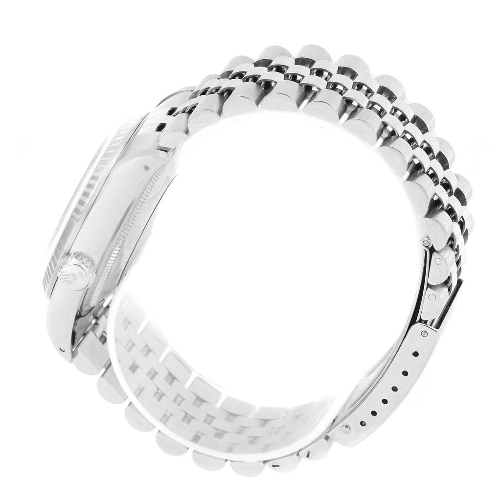 The image shows a Rolex Datejust 16234 Men's Stainless Steel White Dial 16234 Men's Stainless Steel White Dial watch at a side angle, highlighting the case, crown, and Jubilee bracelet with the clasp.