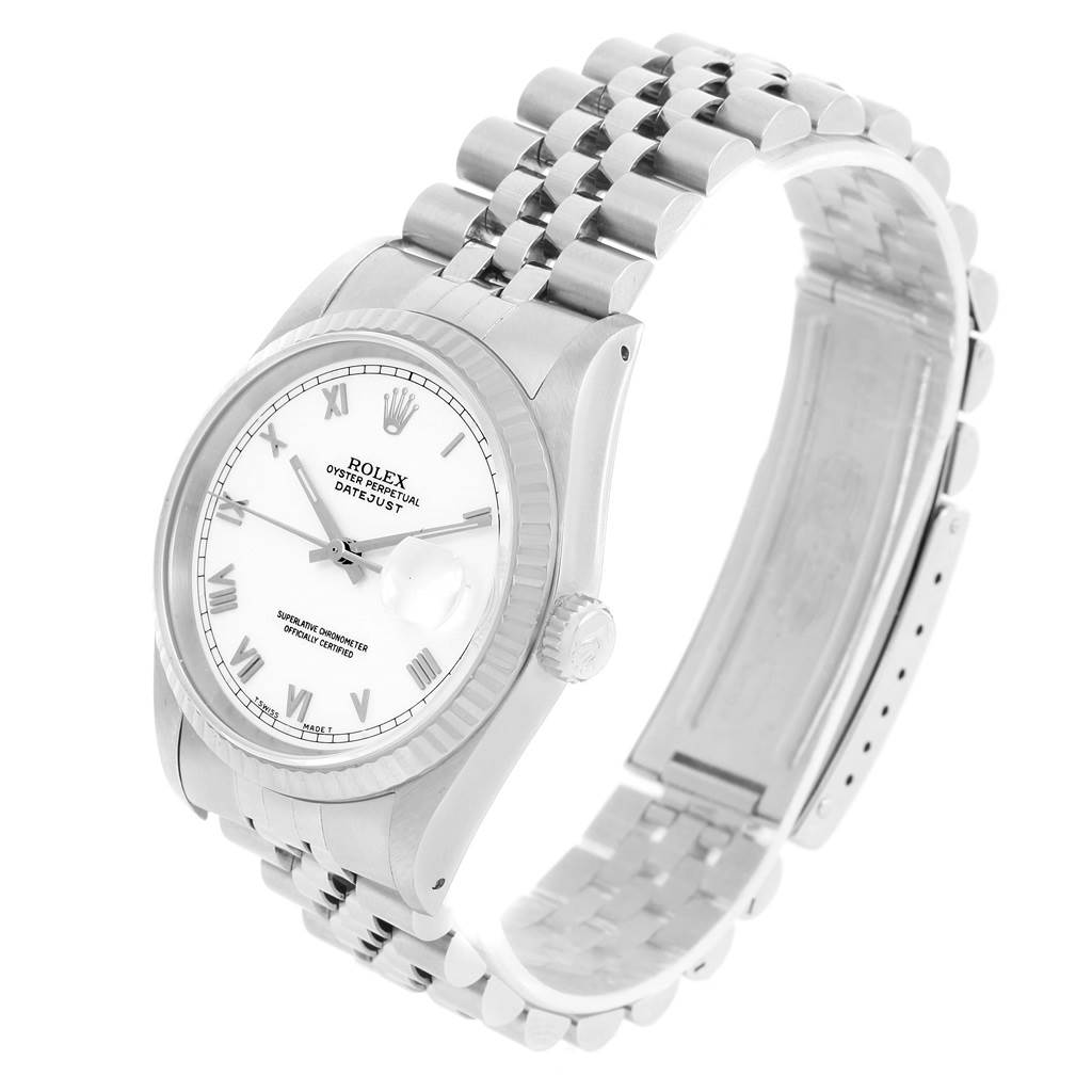 This Rolex Datejust 16234 Men's Stainless Steel White Dial 16234 Men's Stainless Steel White Dial watch is shown at an angled front view, highlighting the face, bezel, crown, and bracelet.