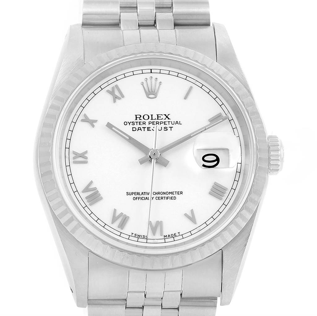 The image shows a front view of a Rolex Datejust 16234 Men's Stainless Steel White Dial 16234 Men's Stainless Steel White Dial watch, highlighting its face, bezel, bracelet, and crown.