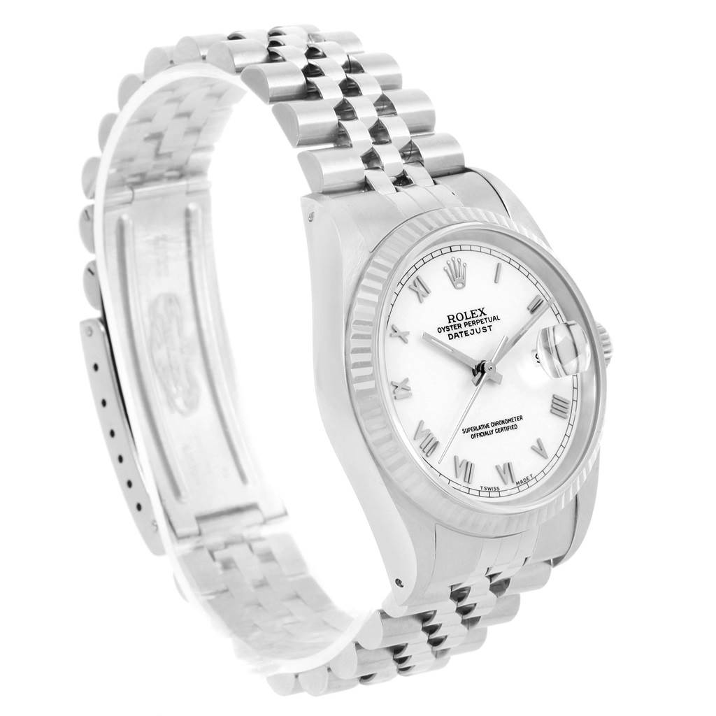 The image shows a side angle of the Rolex Datejust 16234 Men's Stainless Steel White Dial 16234 Men's Stainless Steel White Dial watch, featuring its dial, bezel, crown, and part of its bracelet.