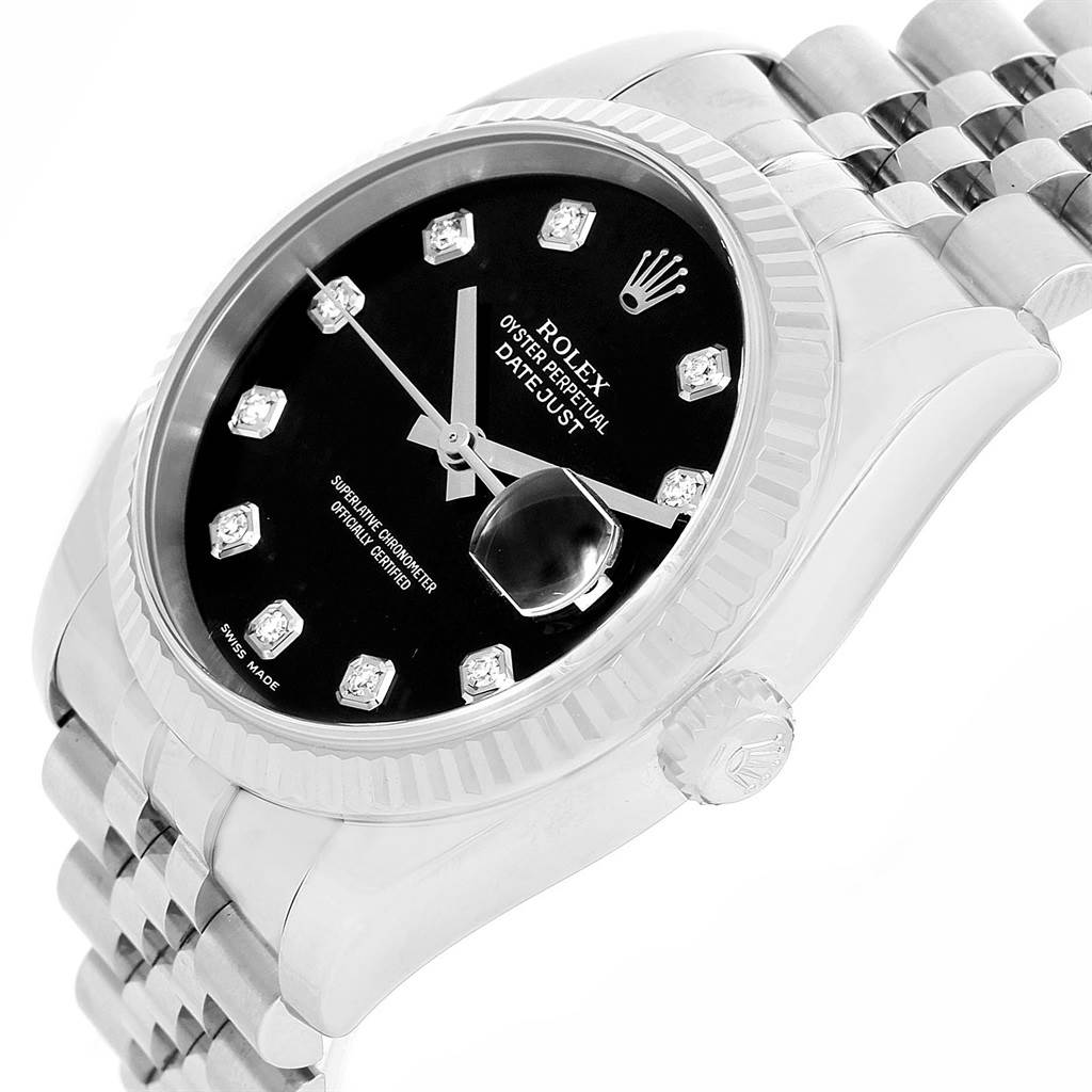 This Rolex Datejust 116234 Men
s Stainless Steel Black Dial 116234 Men
s Stainless Steel Black Dial watch is shown at a three-quarter angle highlighting the face, bezel, crown, and part of the bracelet.