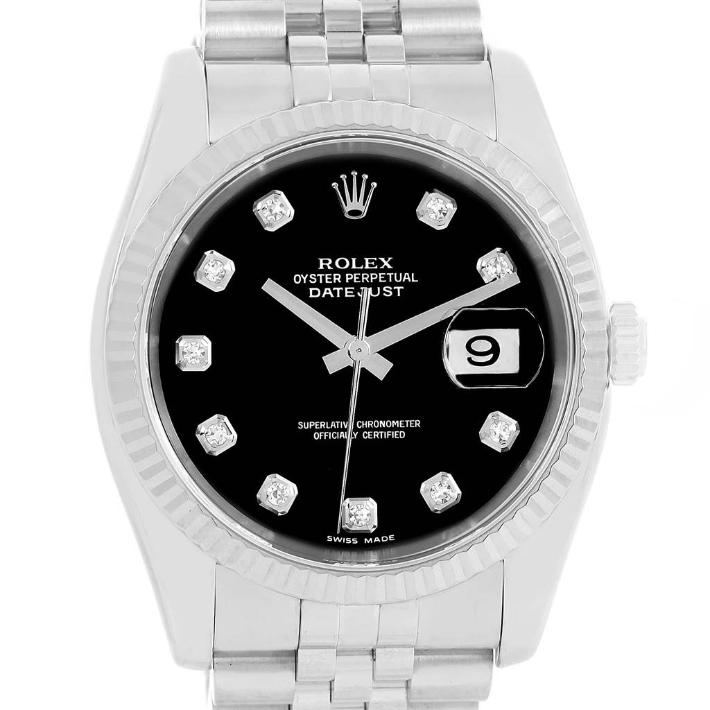 The image shows a front view of a Rolex Datejust 116234 Men
s Stainless Steel Black Dial 116234 Men
s Stainless Steel Black Dial watch, displaying the dial, bezel, and part of the bracelet.