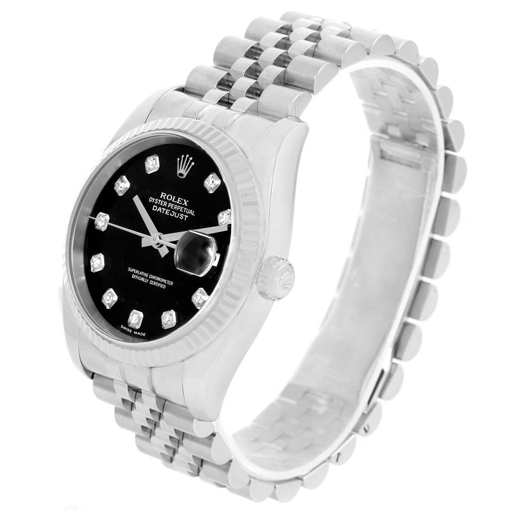 The image shows the Rolex Datejust 116234 Men
s Stainless Steel Black Dial 116234 Men
s Stainless Steel Black Dial watch at a three-quarter angle, displaying its black dial, diamond indices, and the Jubilee bracelet.
