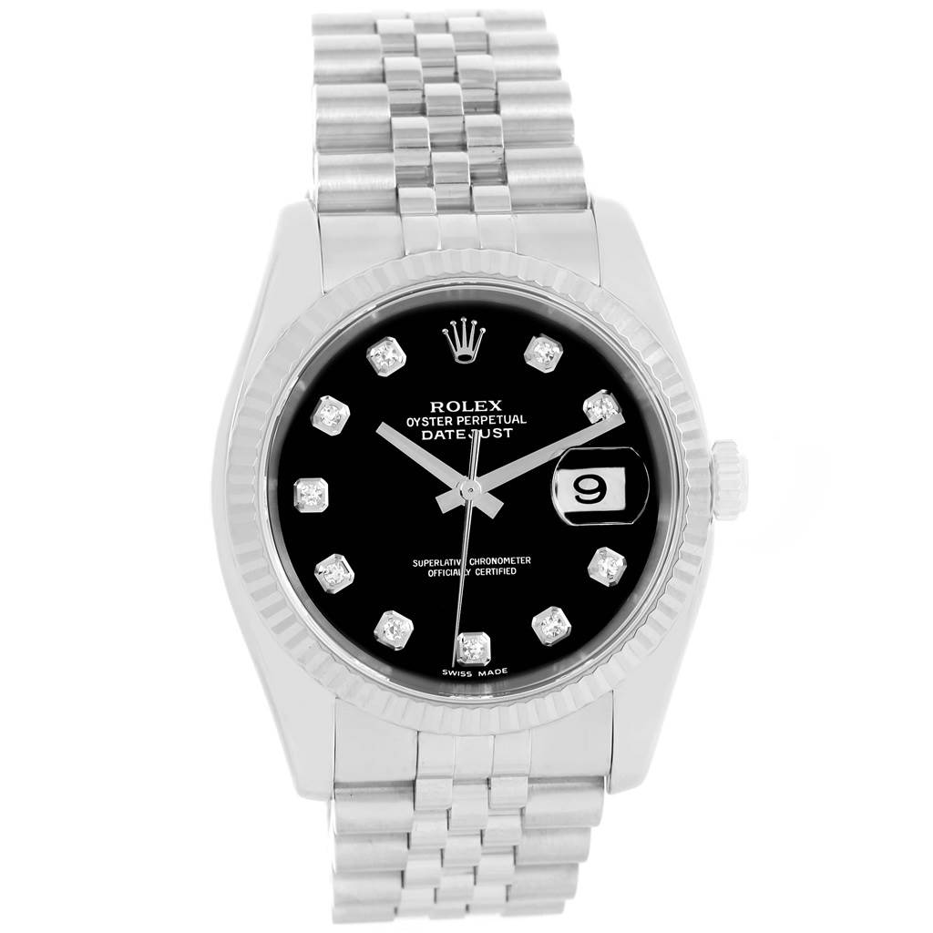 The image shows a Rolex Datejust 116234 Men
s Stainless Steel Black Dial 116234 Men
s Stainless Steel Black Dial watch from the front, highlighting its face, bezel, crown, and bracelet.