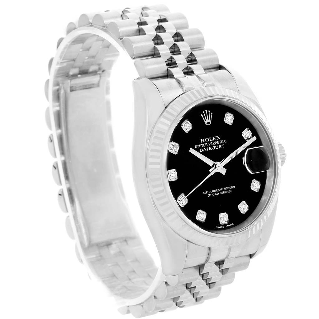 This is a Datejust model by Rolex, shown from a three-quarter angle, highlighting the watch face and bracelet.